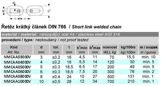 Řetěz DIN 766 svazek 3mm, ZB
