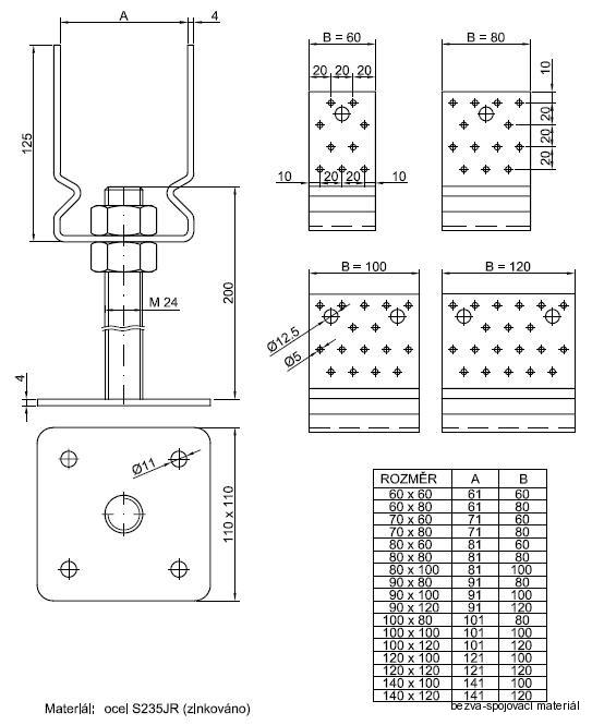 Kotevní patka BV/T 14-07 70x80 mm stavitelná